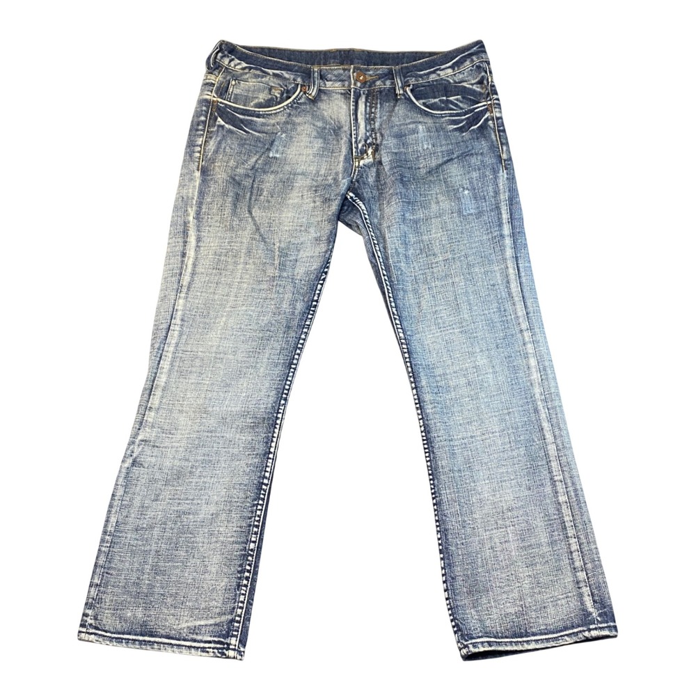Buffalo Jeans Mens 34 Blue Distressed Straight Leg Denim Pants Faded Cotton‎